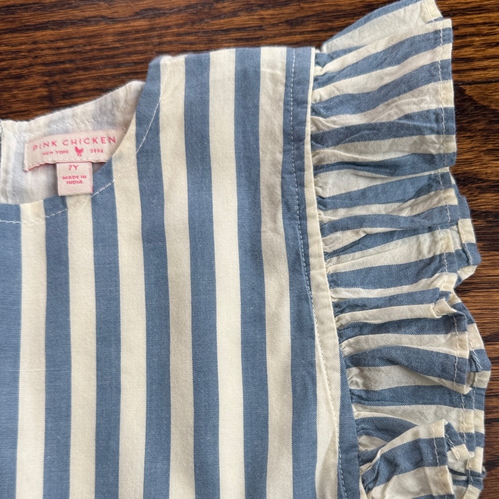 Pink Chicken Striped Blue & White Flutter-Sleeve Kids Dress w/ Floral Appliqué - Picture 6 of 7